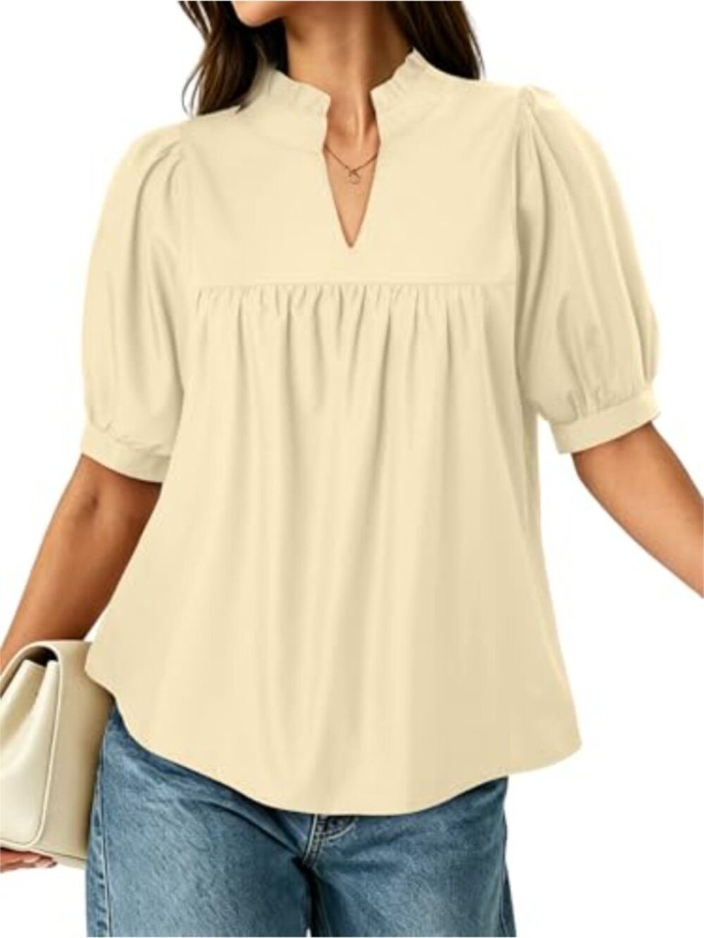 Puff Sleeve V Neck Peplum Blouse Pleated Loose Fit Dressy Casual Top